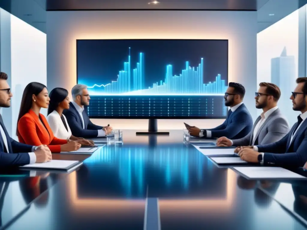 Inversores analizando hipotecas privadas en sala de juntas futurista Inversores serios analizan ventajas fiscales de hipotecas privadas en sala moderna