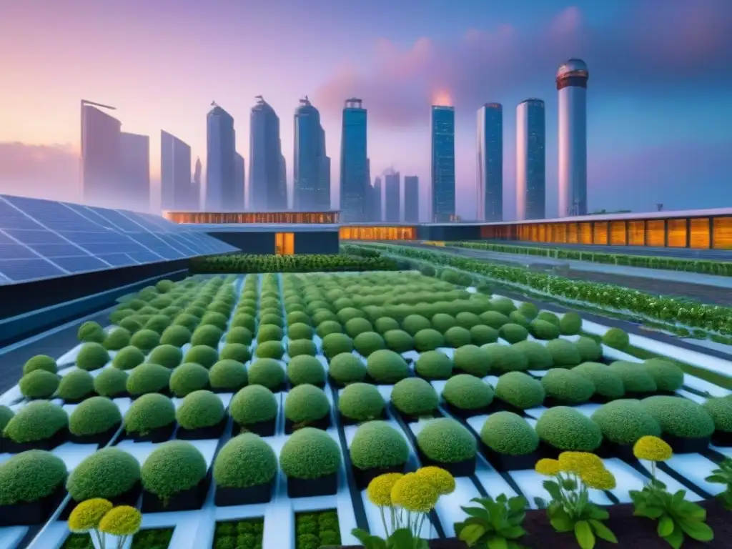 Metrópolis futurista eco-sostenible al anochecer Inversores disfrutan de la vista de una ciudad futurista sostenible al atardecer, con edificios verdes y tecnología eco