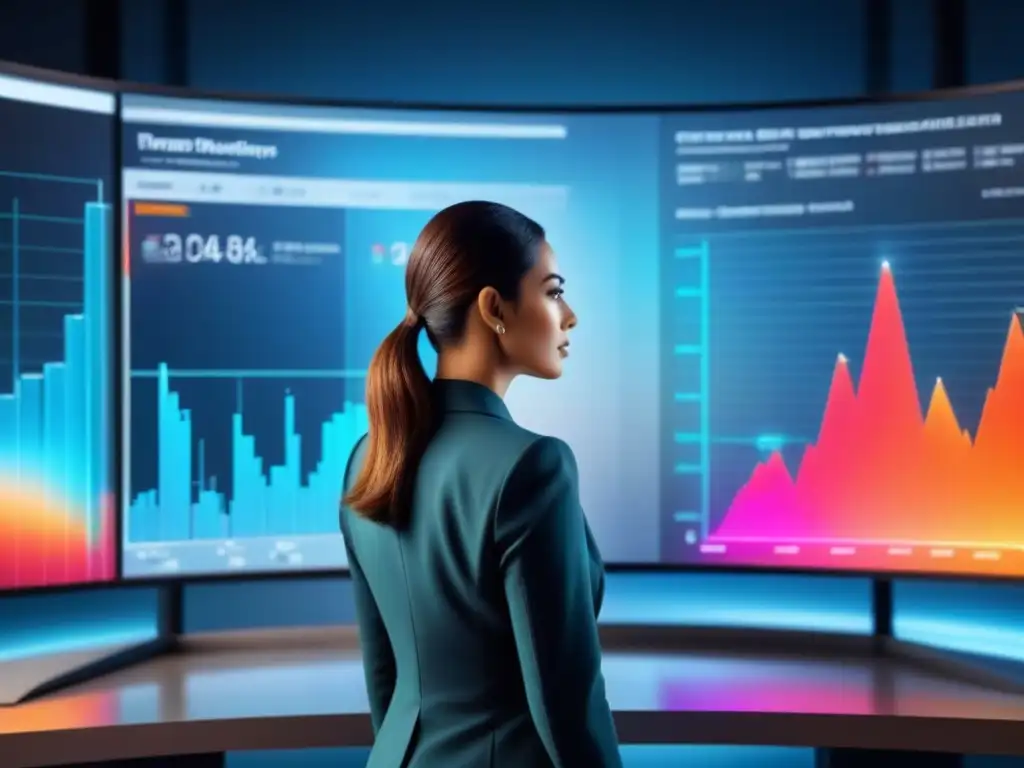 Inversora profesional analizando datos financieros en holograma futurista Joven inversionista analiza datos financieros en holograma futurista, rodeada de gráficos