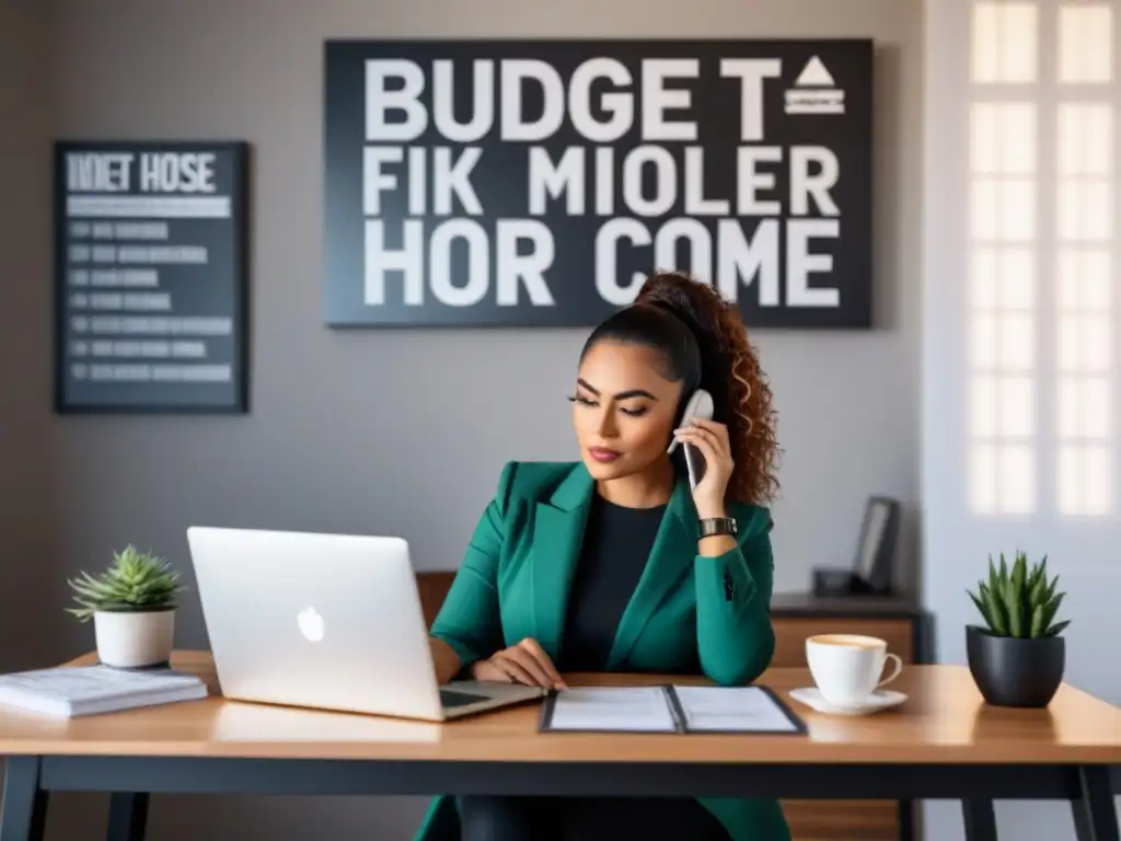 Freelancer hispana logrando metas financieras desde casa Joven freelancer hispana planifica sus ingresos en oficina hogareña, rodeada de herramientas financieras y sueños de comprar casa