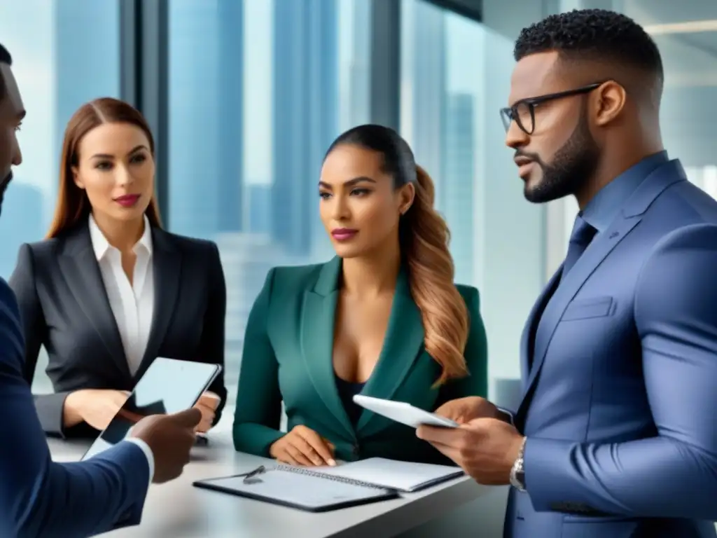 Equipo diverso discutiendo pólizas de seguro en oficina moderna Una joven mujer hispana lidera reunión sobre Seguros para inversores inmobiliarios en oficina contemporánea