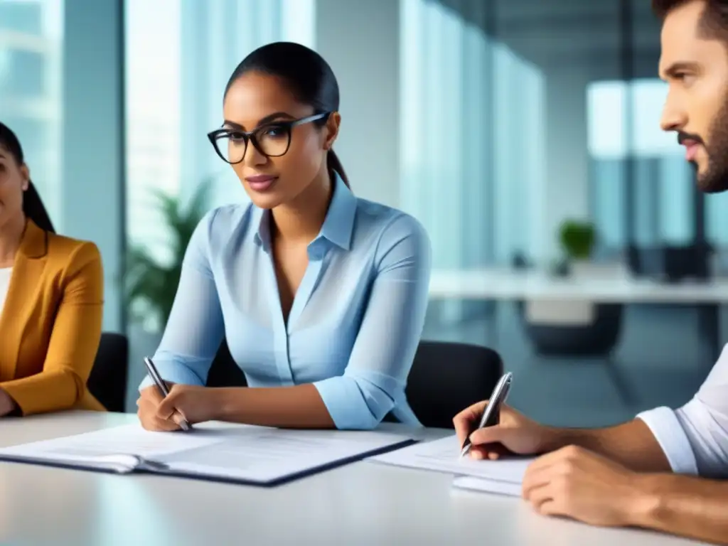 Profesional hispana destacando en reunión de trabajo colaborativo Una joven mujer hispana, segura y profesional, presenta documentos a colegas en una oficina luminosa