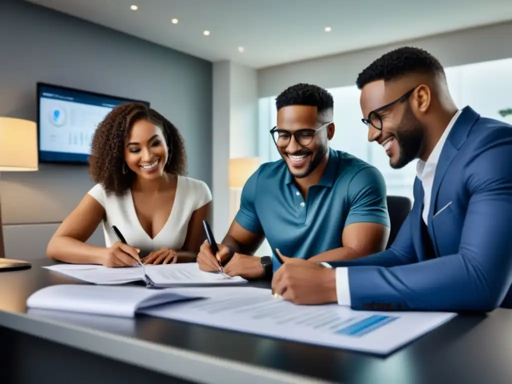 Joven pareja firmando préstamo inmobiliario con asesor financiero en moderna oficina