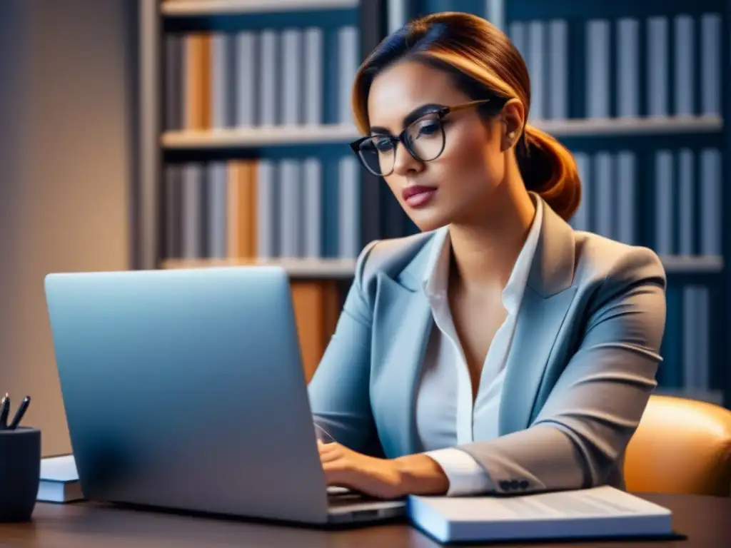 Mujer profesional inmersa en finanzas inmobiliarias Una joven profesional lee libros de finanzas inmobiliarias en su moderno escritorio