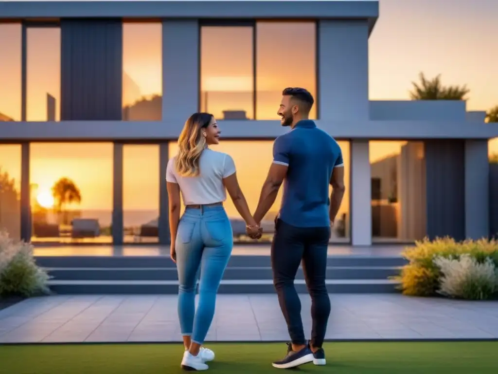 Jóvenes pareja sonriente frente a su nuevo hogar al atardecer Jóvenes compradores felices frente a su nueva casa moderna al atardecer