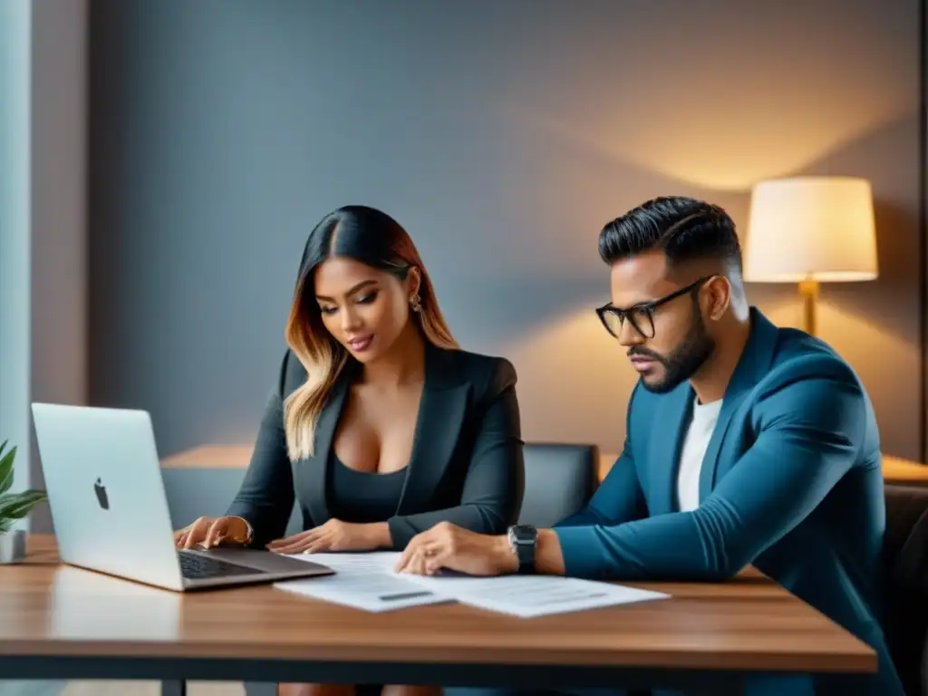 Jóvenes pareja resuelve rechazo en crédito hipotecario Jóvenes resolviendo crédito inmobiliario rechazado en moderno escritorio, con expresiones determinadas y luz natural