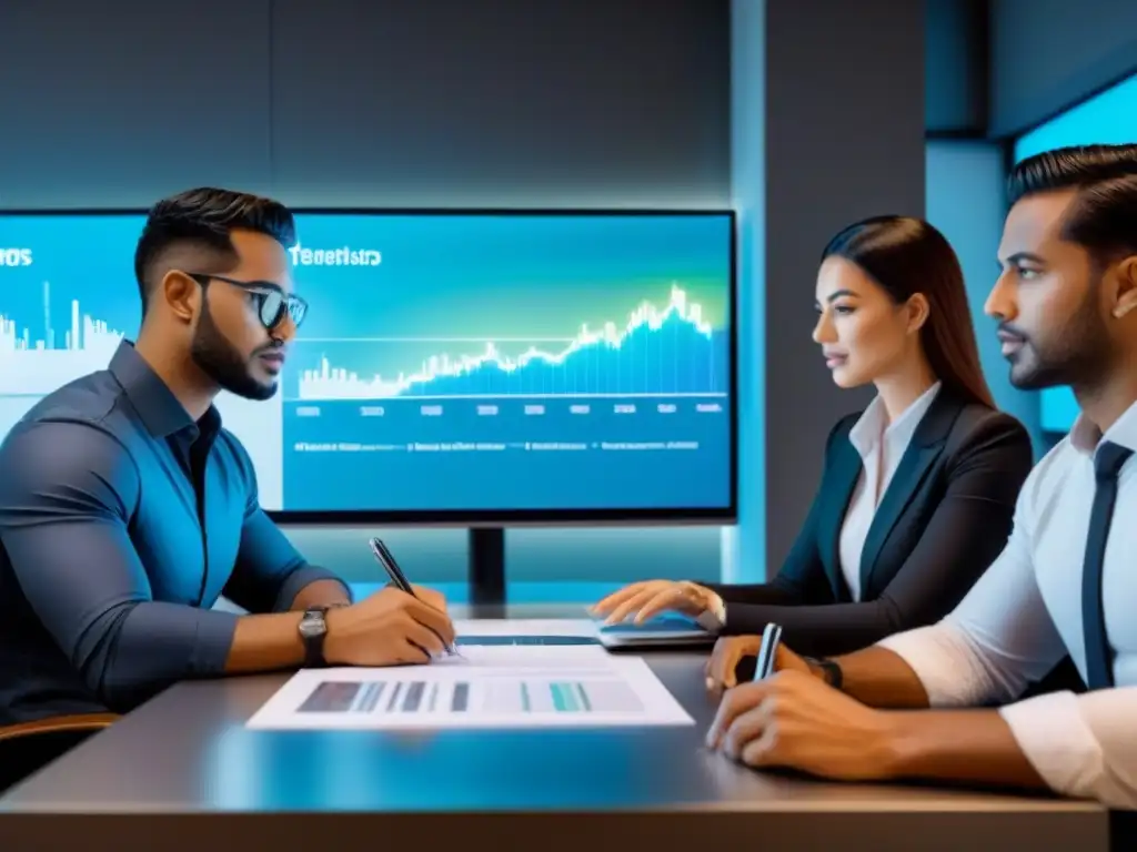 Jóvenes inversores analizan tendencias inmobiliarias en holograma Jóvenes estudian documentos financieros en coworking con proyección holográfica