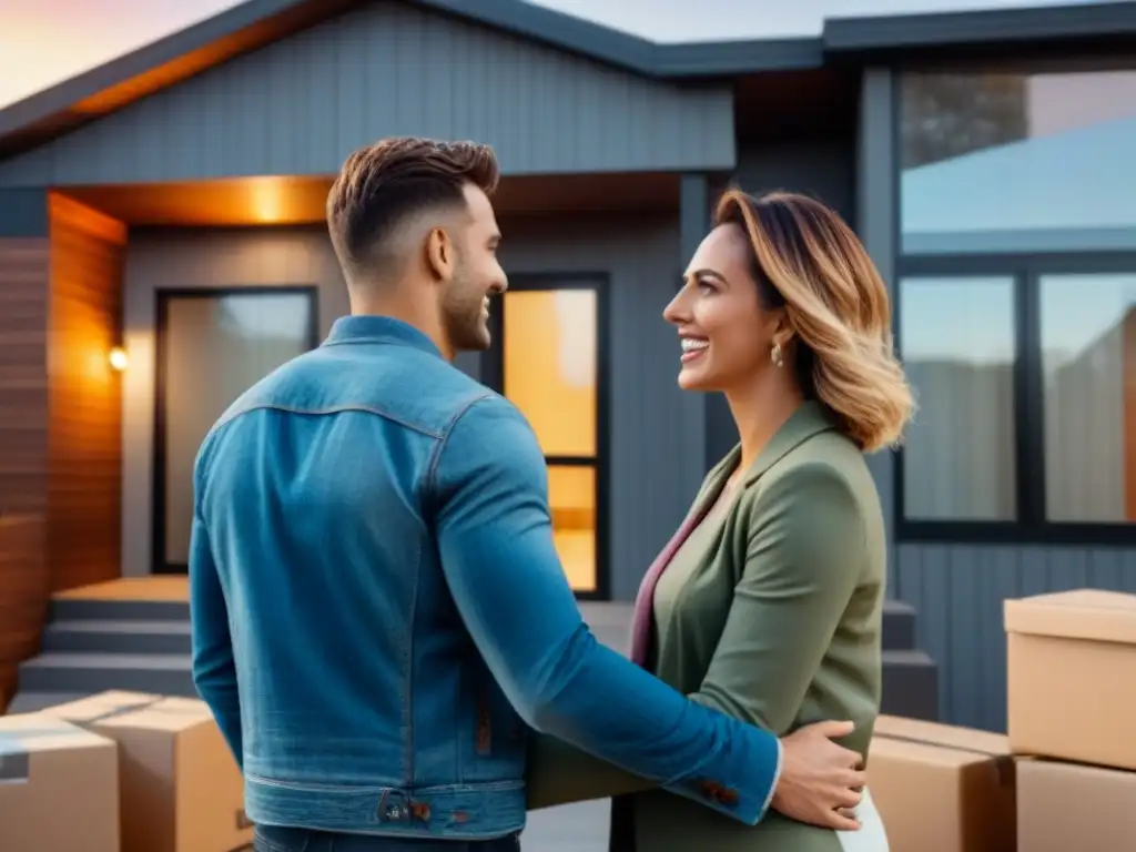 Jóvenes pareja frente a casa moderna: emoción y preocupación Jóvenes emocionados frente a su primera casa, rodeados de cajas y atardecer, reflejando la realidad de los costos ocultos en la compra