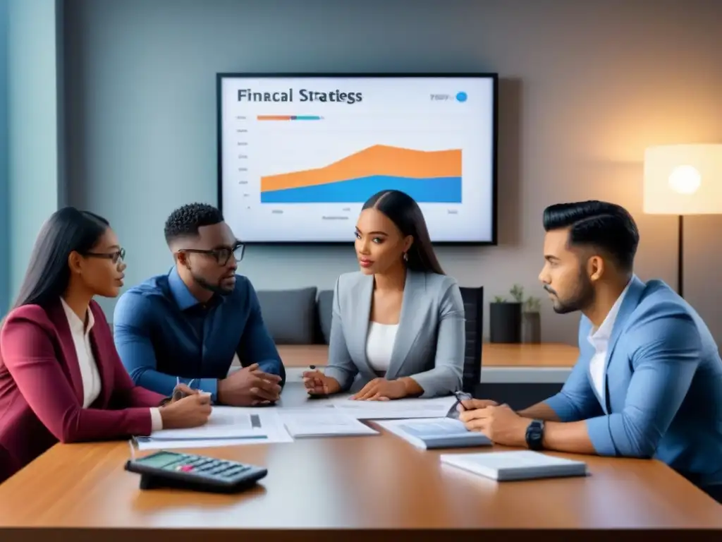 Jóvenes profesionales debatiendo estrategias financieras en oficina moderna Jóvenes debatiendo estrategias financieras en una oficina moderna