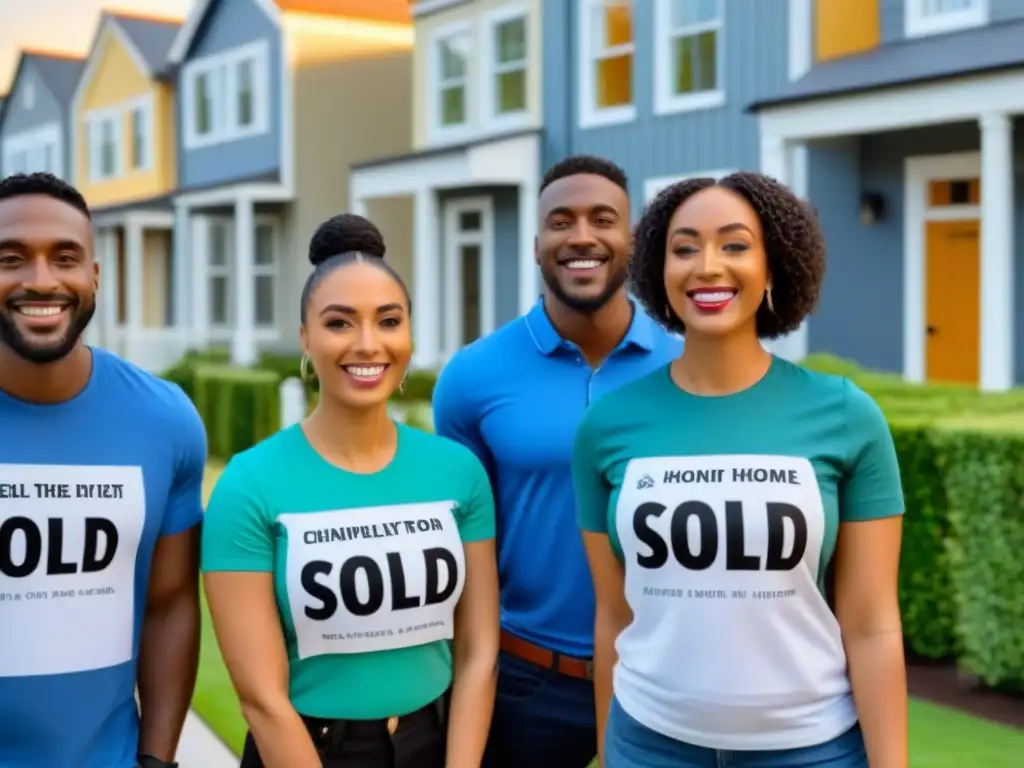 Diversos jóvenes felices con llaves de nuevas casas vendidas, bajo un cielo azul