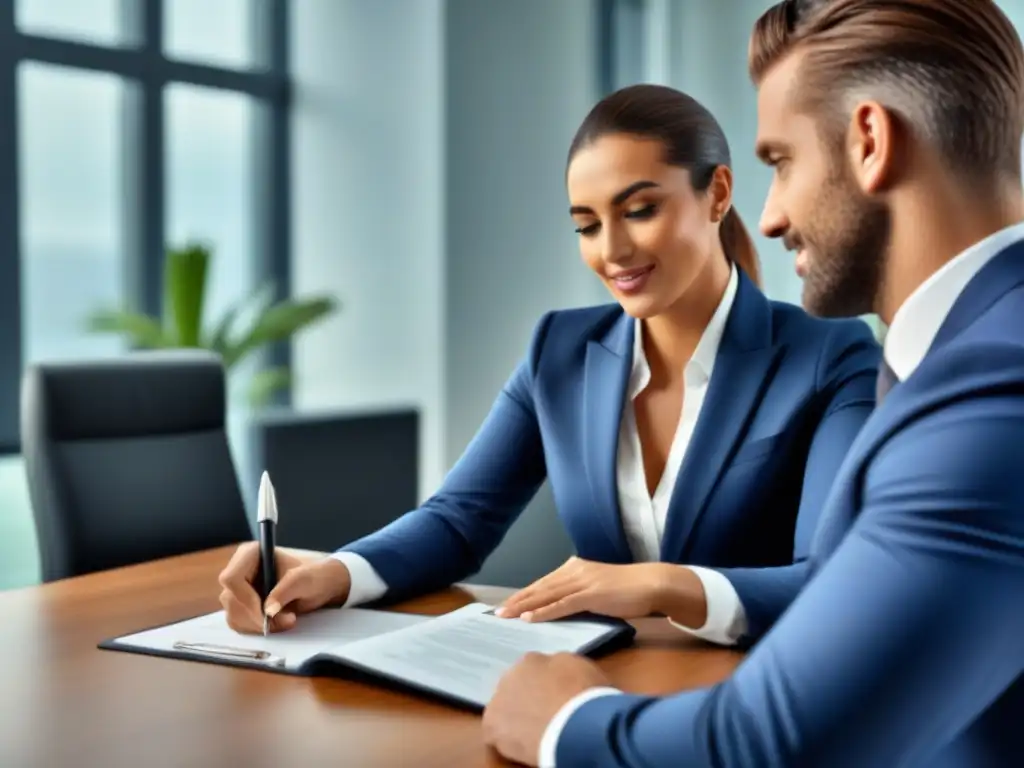 Jóvenes firmando felices un préstamo hipotecario convencional para su primera vivienda en una moderna oficina bancaria