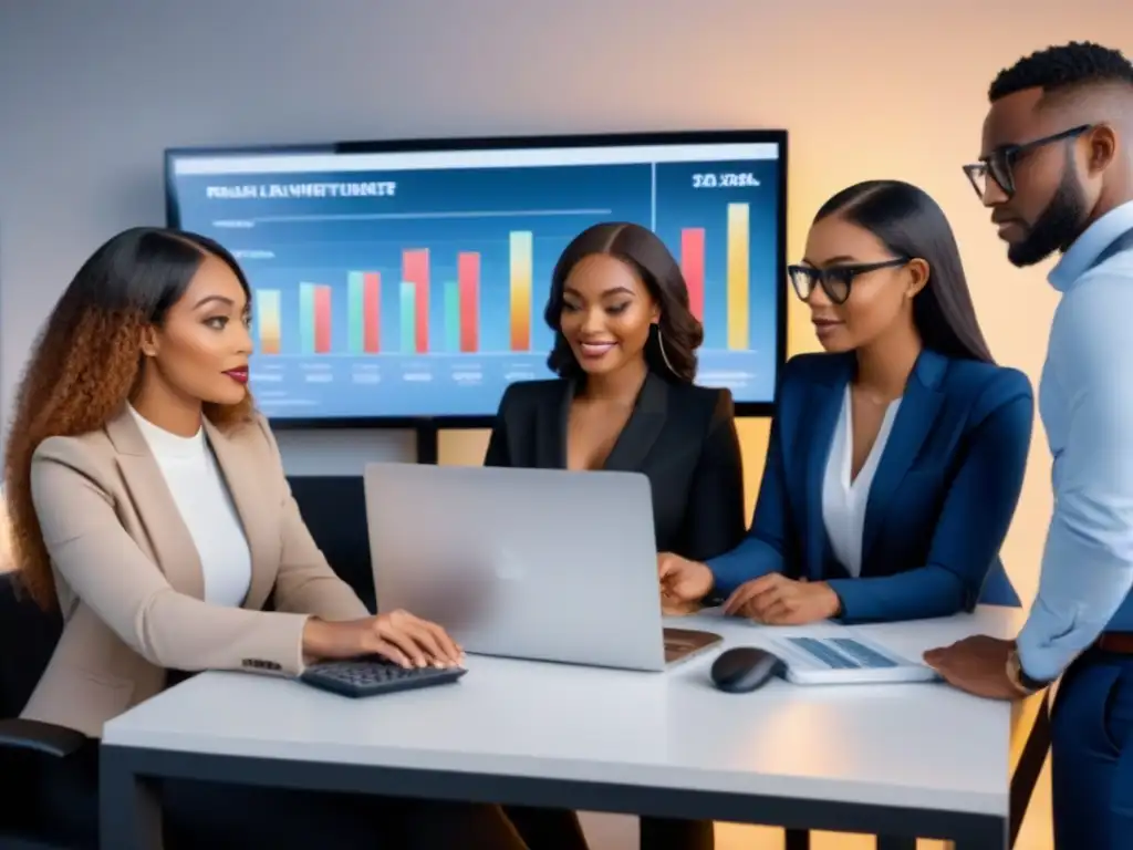 Jóvenes inversores en acción: aprendizaje financiero en la oficina moderna Jóvenes inversores inmobiliarios primerizos aprendiendo juntos en moderna oficina con gráficos y laptops