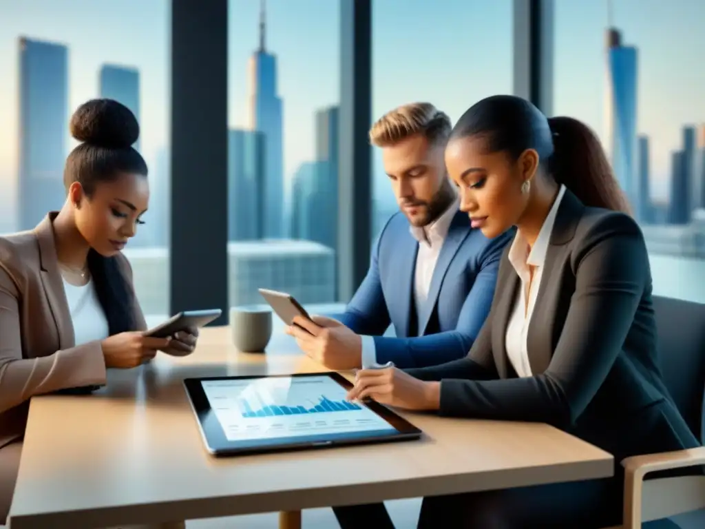 Jóvenes inversores enfocados en coworking moderno Jóvenes inversores inmobiliarios primerizos colaboran en educación financiera en coworking contemporáneo