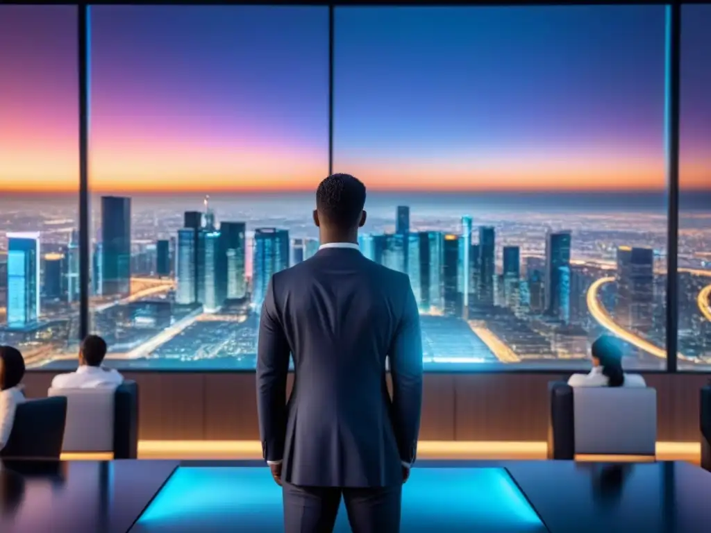Inversionistas analizan tendencias inmobiliarias en sala de junta futurista Jóvenes inversores analizan tendencias inmobiliarias en un moderno salón con tecnología avanzada y vista a la ciudad al atardecer