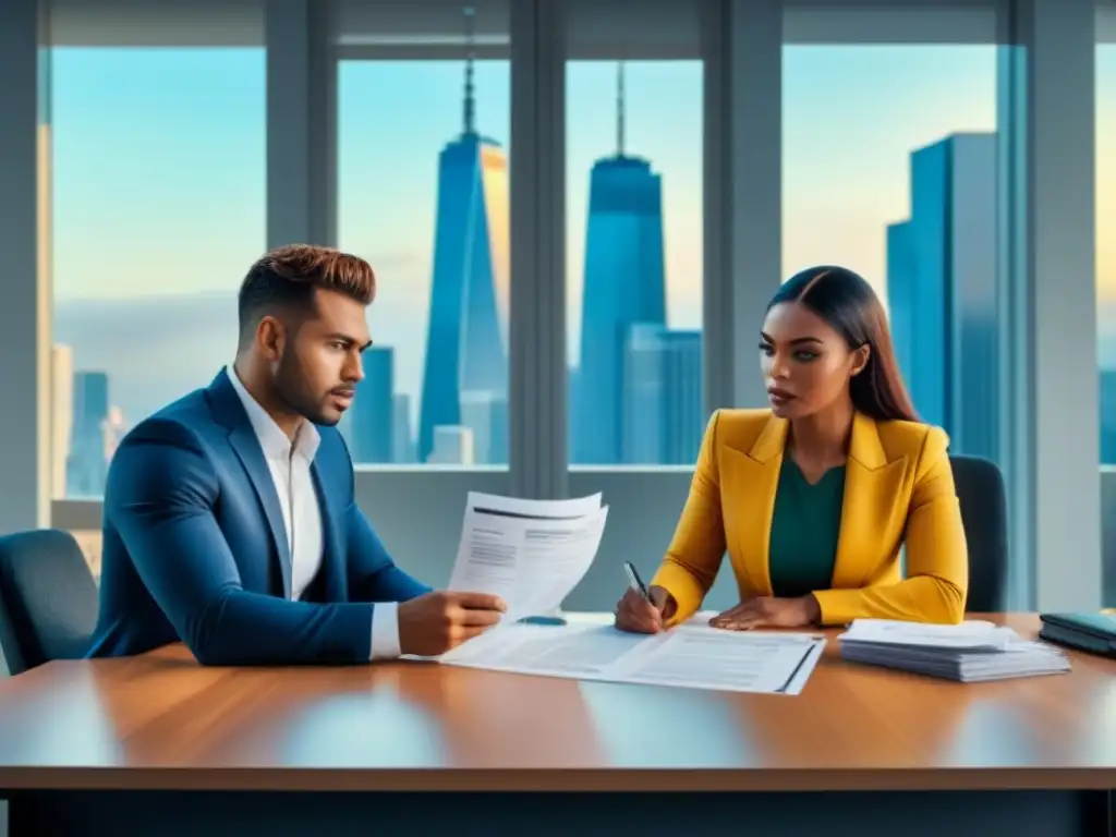 Jóvenes pareja confundida por documentos de hipoteca en oficina moderna Jóvenes pareja confundida en oficina moderna con papeles y skyline, reflejando errores comunes solicitar hipotecas privadas