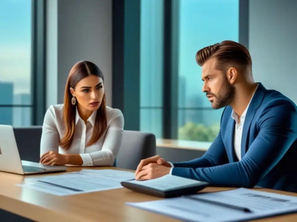 Pareja estresada por trámite hipotecario en oficina moderna Jóvenes pareja confundida, rodeados de documentación, calculadoras y laptop en solicitud de crédito inmobiliario