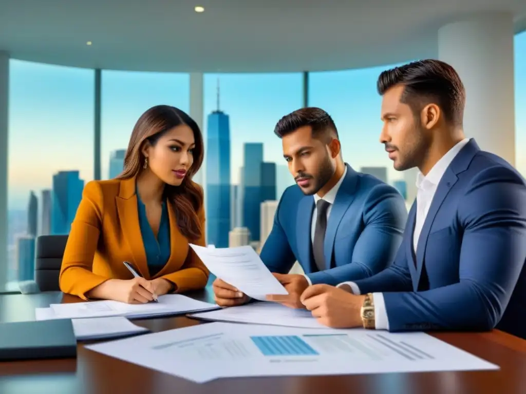 Negociando costos ocultos: pareja analiza contrato inmobiliario Jóvenes pareja analiza costos ocultos de comprar su primera casa con agente inmobiliario en oficina moderna