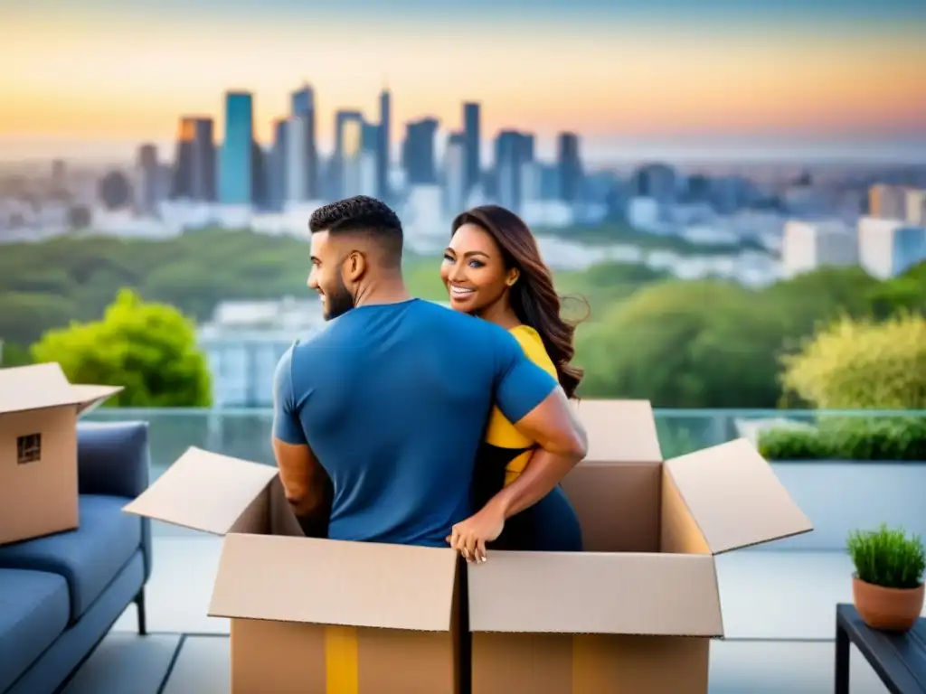 Emocionante mudanza a su primer hogar juntos Jóvenes pareja mudándose felices a su primera vivienda, cajas y muebles, ciudad al fondo