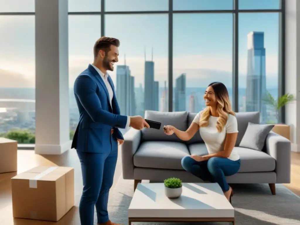 Jóvenes pareja recibe llaves de su primera vivienda de agente inmobiliario en sala moderna