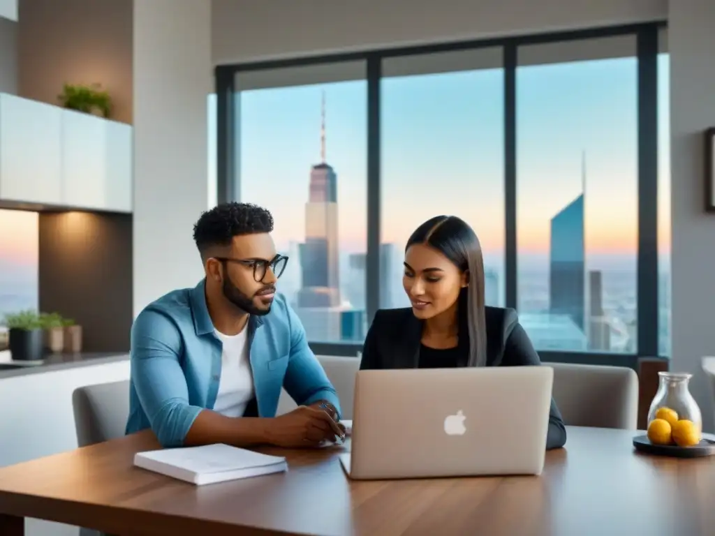 Jóvenes pareja planifica financiamiento para casa moderna Jóvenes pareja en moderna cocina, discutiendo documentos financieros para mejorar puntaje crédito y financiamiento inmobiliario