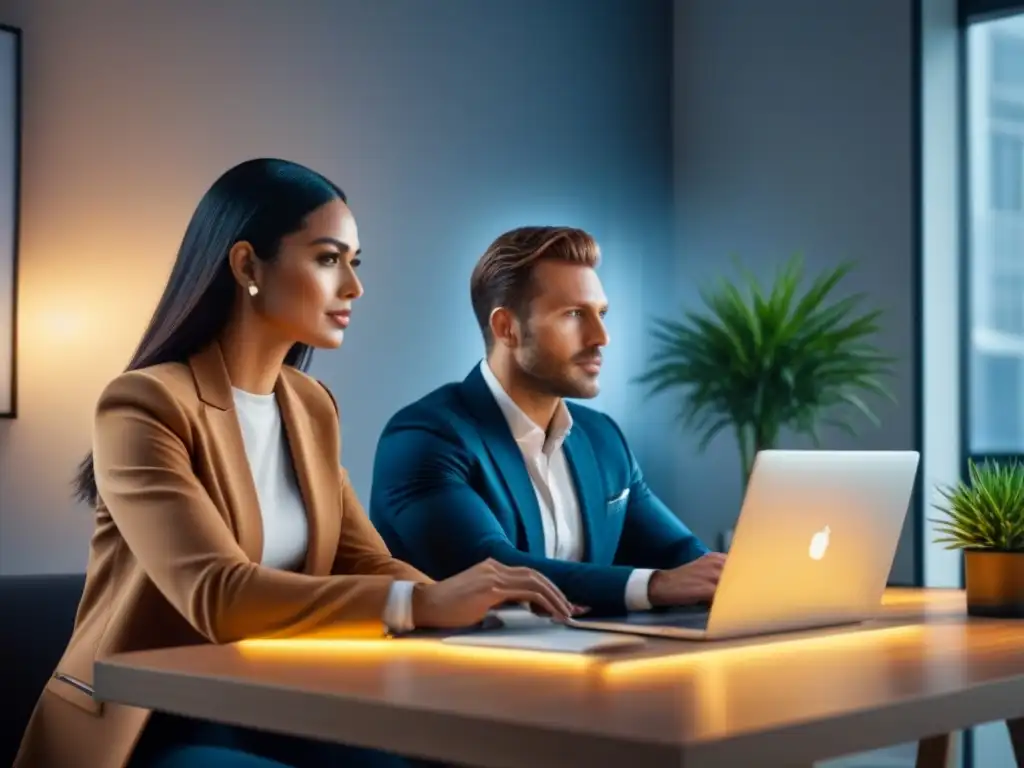 Jóvenes pareja compara hipotecas en moderno despacho Jóvenes pareja discutiendo ofertas préstamos inmobiliarios primeros compradores en moderno escritorio con laptop