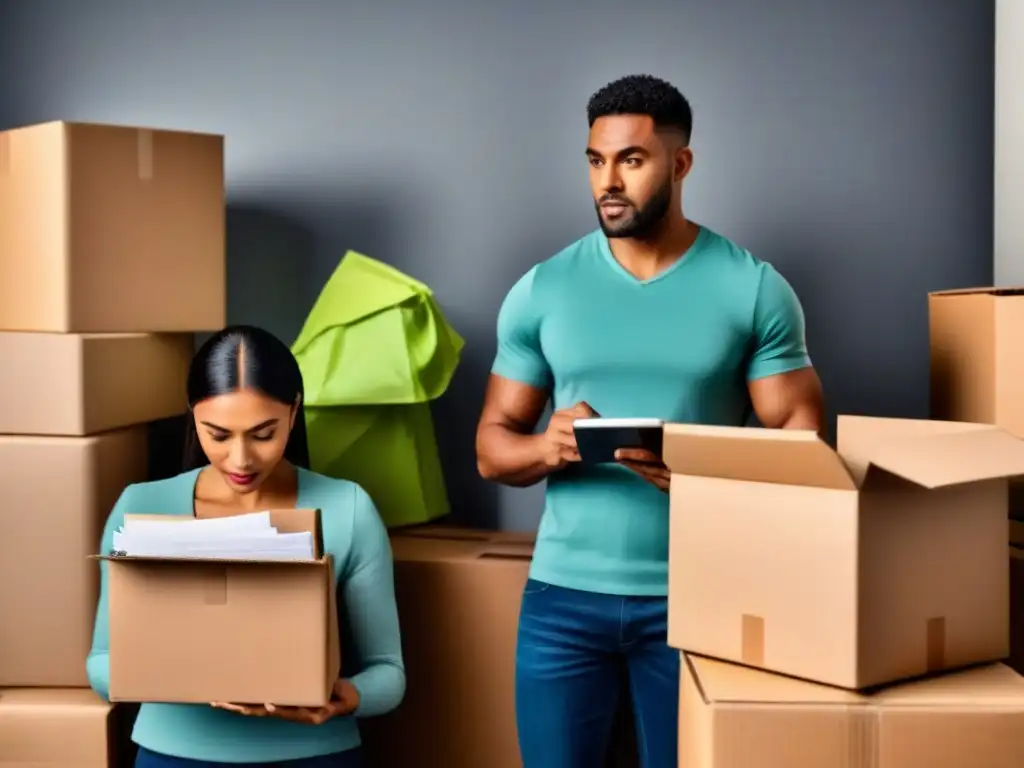 Jóvenes pareja primer hogar: emoción y desafíos Jóvenes pareja en proceso de comprar su primera casa, rodeados de cajas y papeleo, expresando determinación y emoción