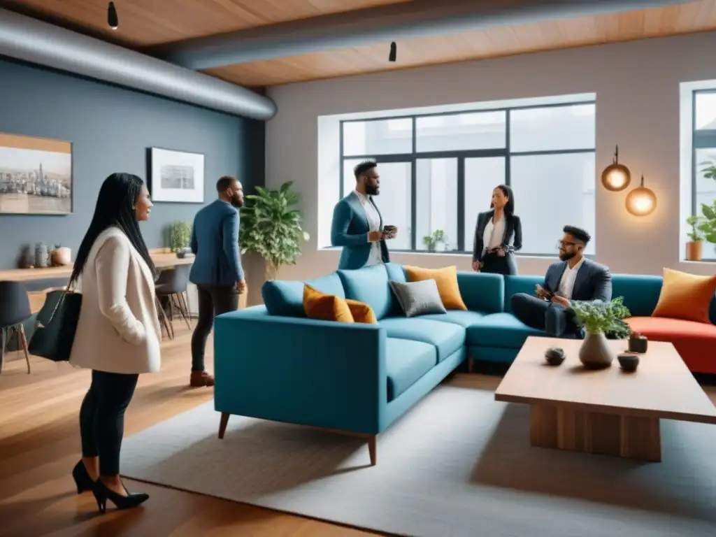 Espacio de coliving dinámico y diverso: networking, colaboración y socialización entre jóvenes profesionales Jóvenes profesionales en un animado espacio compartido, reflejando la tendencia de Espacios de vivienda compartidos