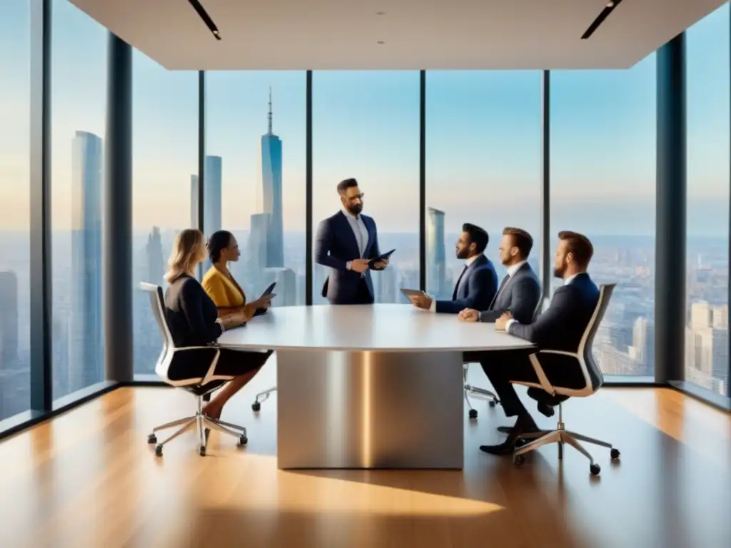 Profesionales expertos analizan REITs en moderno boardroom Jóvenes profesionales discuten sobre Inversión en REITs comerciales principiantes en moderna sala de juntas con vista a la ciudad