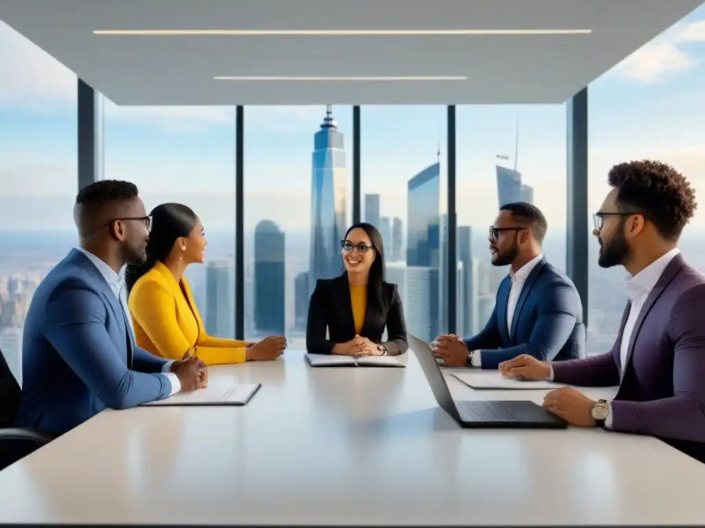 Reunión innovadora de profesionales en oficina moderna Jóvenes profesionales diversidad en mesa reunión moderna, discuten oportunidades financiamiento inmobiliario minorías