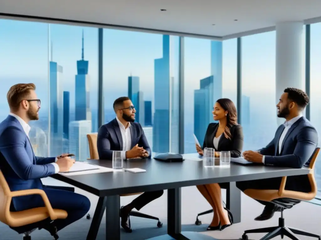 Reunión estratégica de inversores inmobiliarios Jóvenes profesionales debaten estrategias de inversión inmobiliaria en moderna sala de reuniones con vista a la ciudad
