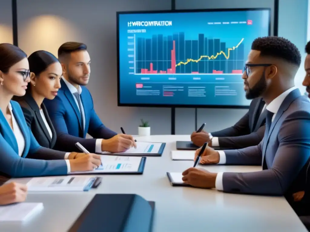 Jóvenes profesionales en workshop financiero: colaboración y aprendizaje Jóvenes profesionales en workshop financiero con tecnología de vanguardia y gráficos de inversión inmobiliaria, colaborando en un ambiente moderno
