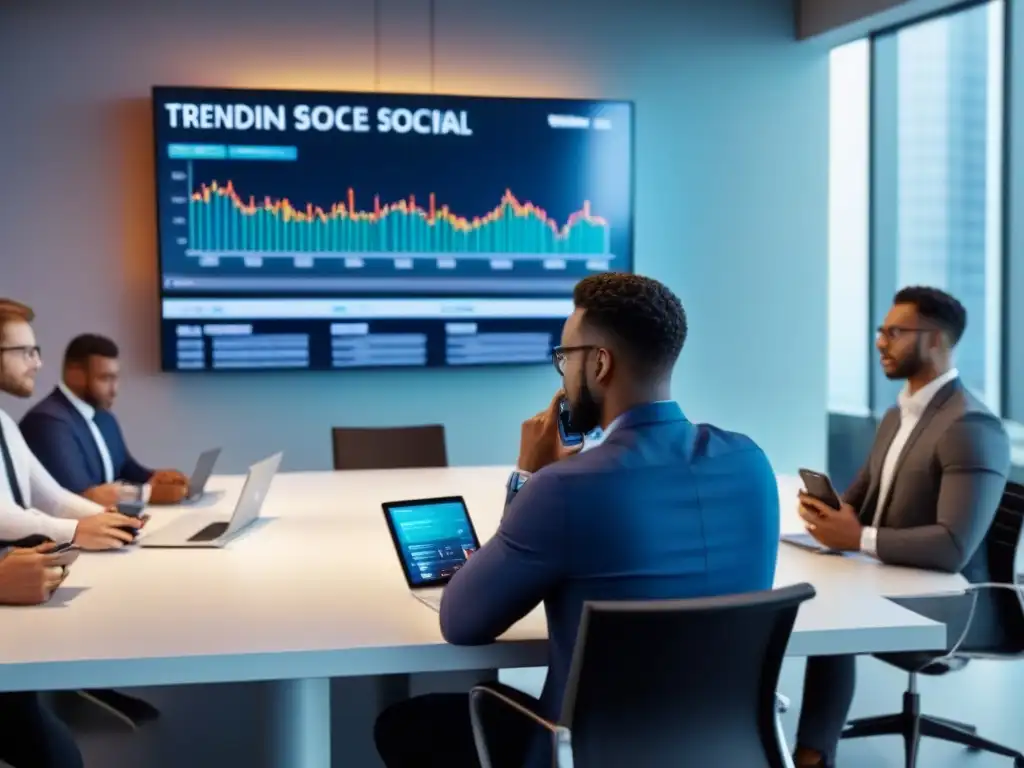Profesionales jóvenes interactúan con educación financiera en redes sociales en oficina moderna Jóvenes profesionales en oficina moderna, inmersos en educación financiera en redes sociales
