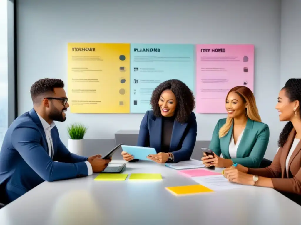 Jóvenes profesionales planificando sus primeras viviendas Jóvenes profesionales planeando comprar su primera casa en una reunión profesional con gráficos y post-it coloridos