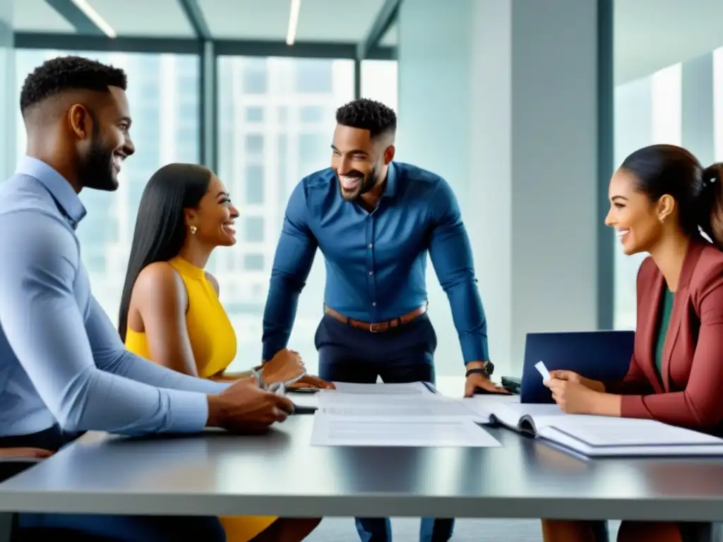 Jóvenes profesionales sonrientes discuten documentos financieros en una oficina moderna y luminosa
