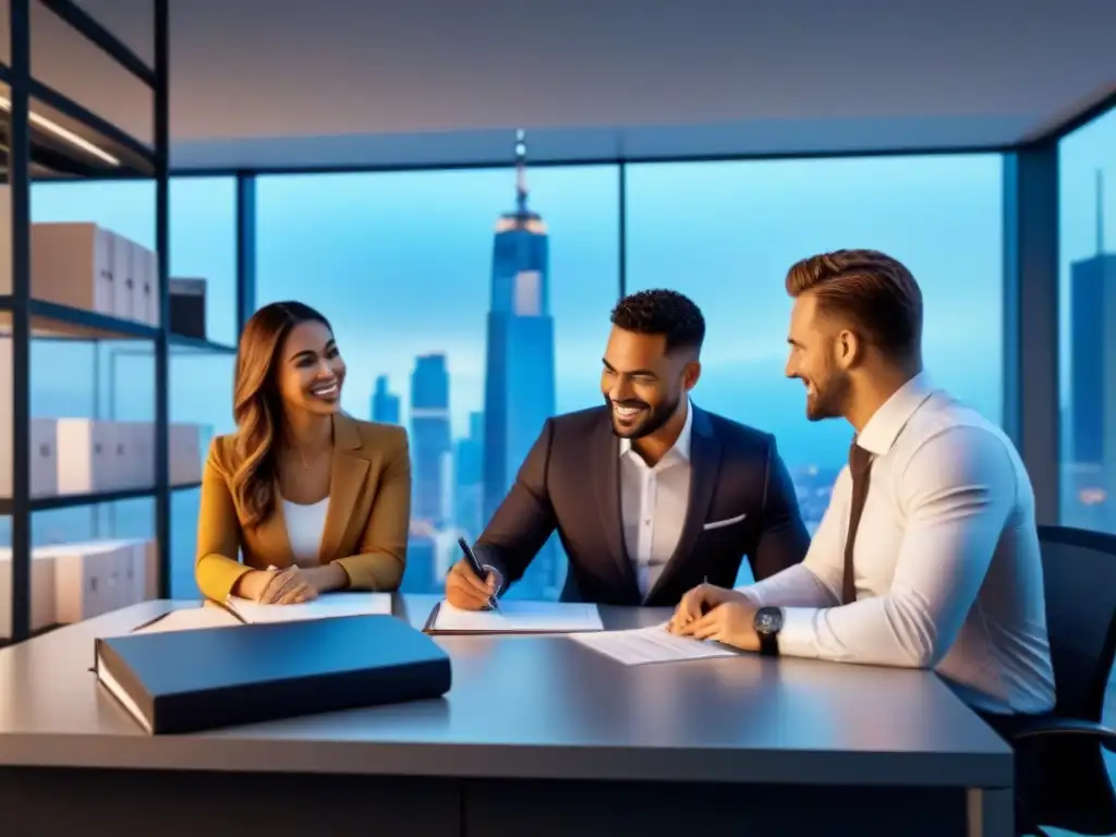 Felices compradores firmando seguro de propiedad en oficina moderna Jóvenes firmando seguros de propiedad primeros compradores con agente en oficina moderna, transmitiendo seguridad y tranquilidad