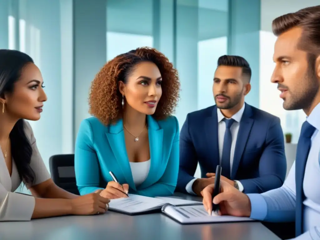 Equipo diverso aprendiendo sobre préstamos hipotecarios Una latina explica políticas de crédito inmobiliario a colegas diversos en una oficina moderna y luminosa