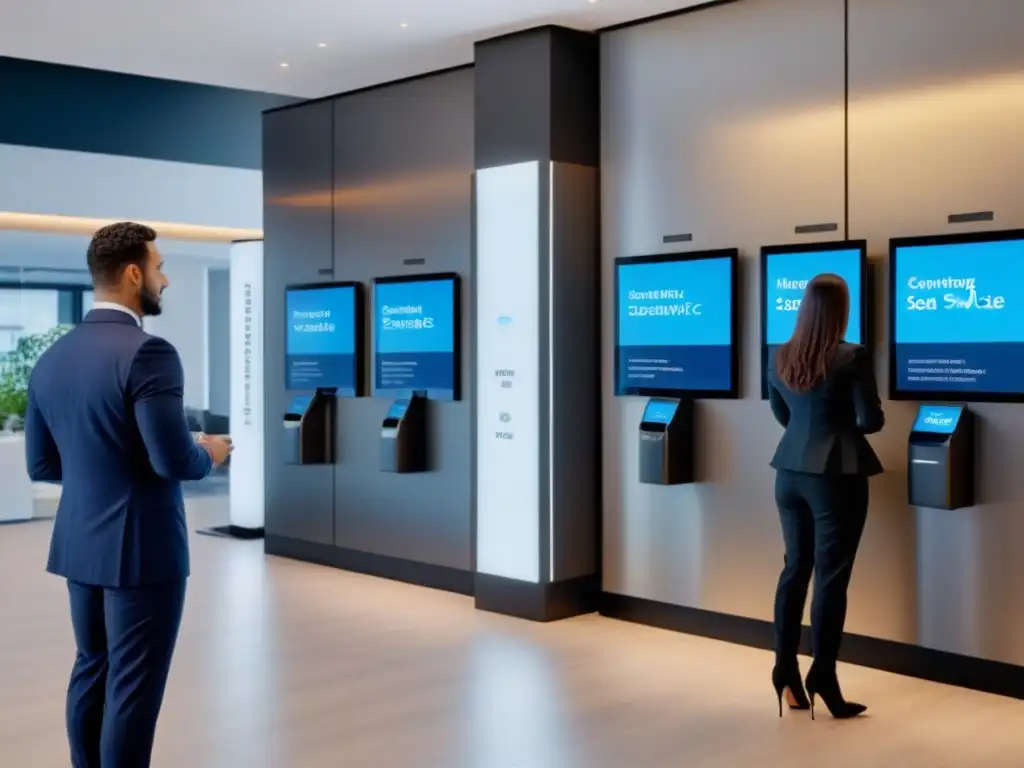 Recepción futurista para préstamos inmobiliarios: tecnología y humanidad Un lobby futurista y moderno con quioscos de servicio automatizado, integrando tecnología y humanidad en la automatización de préstamos inmobiliarios