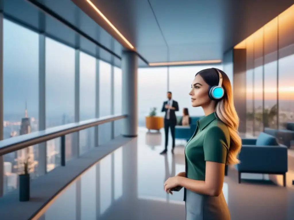 Recepción futurista: Chatbots en la inmobiliaria Un lobby moderno con chatbots futuristas en edificio de oficinas