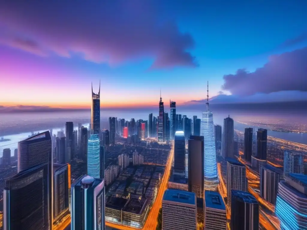 Innovación inmobiliaria: ciudad futurista al anochecer Luces brillantes iluminan rascacielos futuristas al anochecer, drones sobrevuelan hologramas