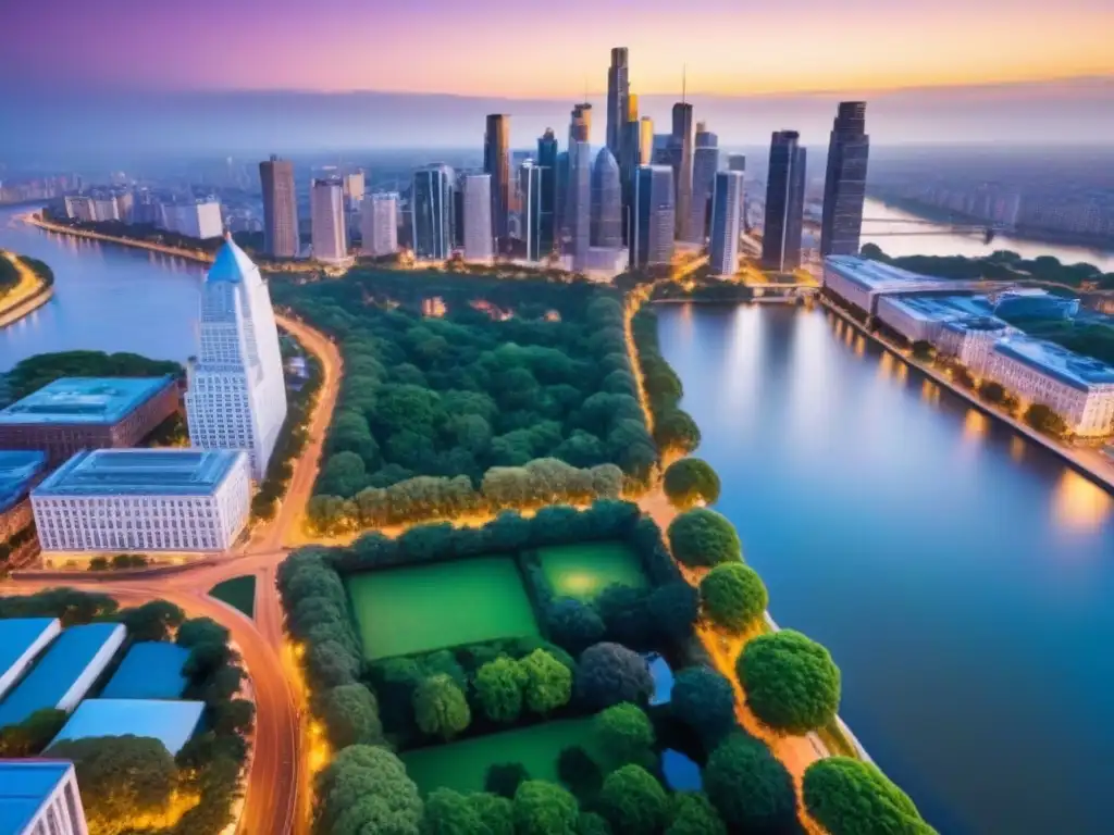 Cityscape vibrante al atardecer: historia y modernidad en armonía Luces cálidas iluminan ciudad vibrante al atardecer