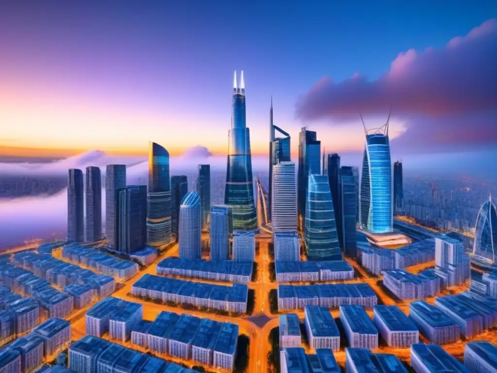 Horizonte futurista: rascacielos modernos y tecnología inmobiliaria Luces de neón iluminan rascacielos futuristas con pantallas digitales mostrando datos de crowdfunding inmobiliario