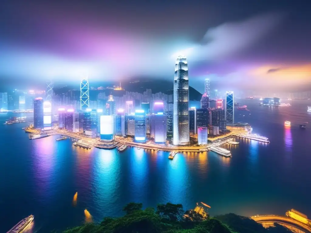 Horizonte futurista de Hong Kong: luces neon y modernidad Luces de neón iluminan los rascacielos de Hong Kong junto a Victoria Harbour, reflejando modernidad y tecnología blockchain en Asia