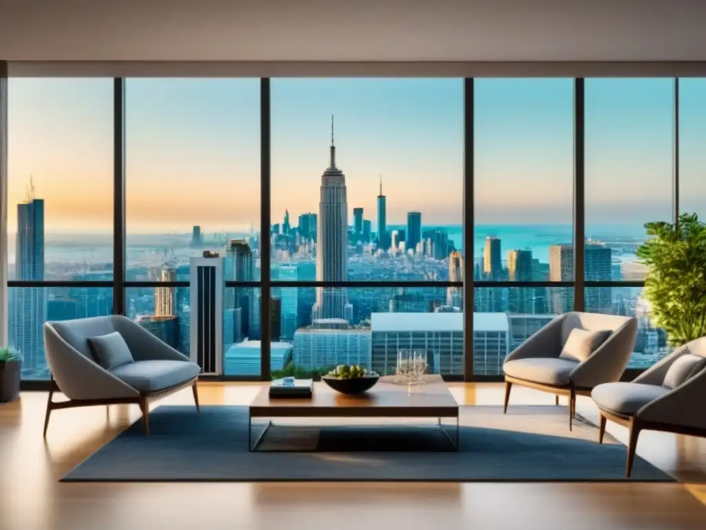 Salón moderno de lujo con vista espectacular de la ciudad Lujo y modernidad en sala con vista a la ciudad, muebles contemporáneos y toques verdes para inversores inmobiliarios considerando Préstamos Jumbo
