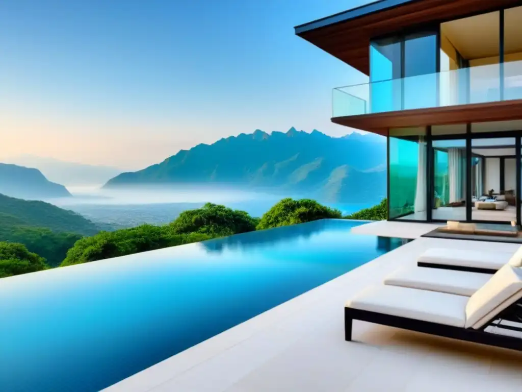Residencia de lujo con ventanales y piscina infinita Lujo personalizado: mansión moderna con ventanales, piscina infinita y jardines, rodeada de montañas y cielo azul