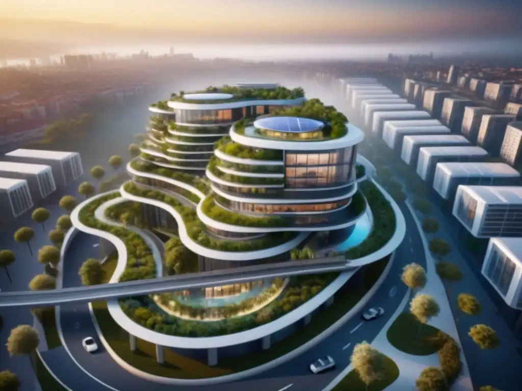 Desarrollo urbano sostenible: arquitectura eco-friendly en red de alianzas Urbanización de lujo sostenible con arquitectura ecoamigable y jardines en azoteas