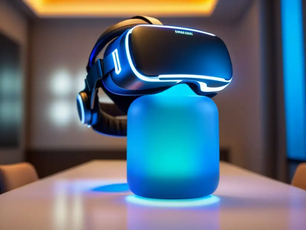 Realidad virtual de lujo: propiedades de ensueño en entorno futurista Descubre el lujo en visitas a propiedades de lujo mediante moderno visor de realidad virtual rodeado de imágenes futuristas holográficas