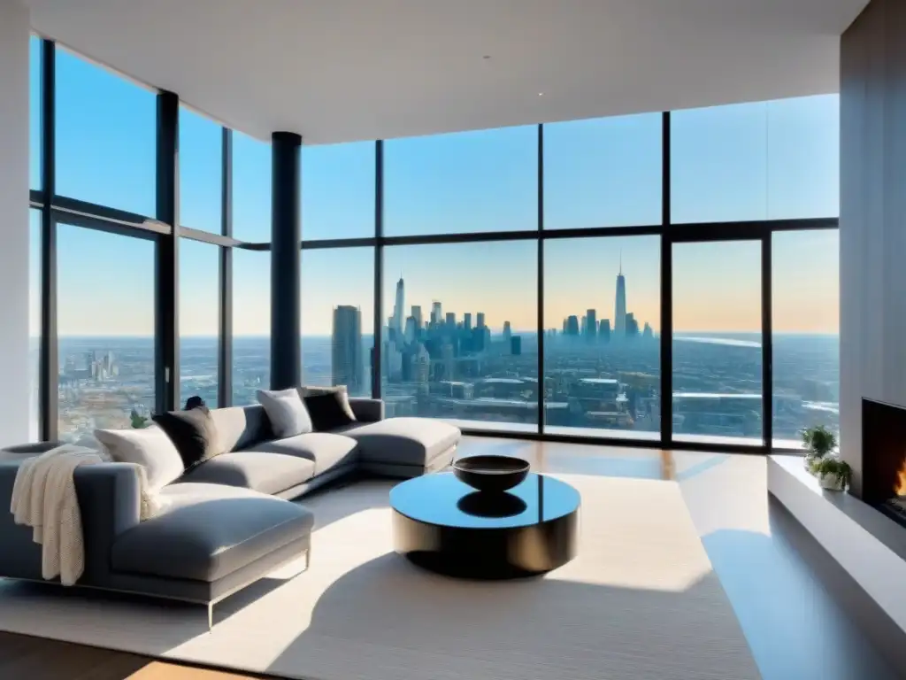 Penthouse de lujo con vista panorámica a la ciudad Una lujosa ático moderno con vistas a la ciudad, diseño interior contemporáneo y elegante