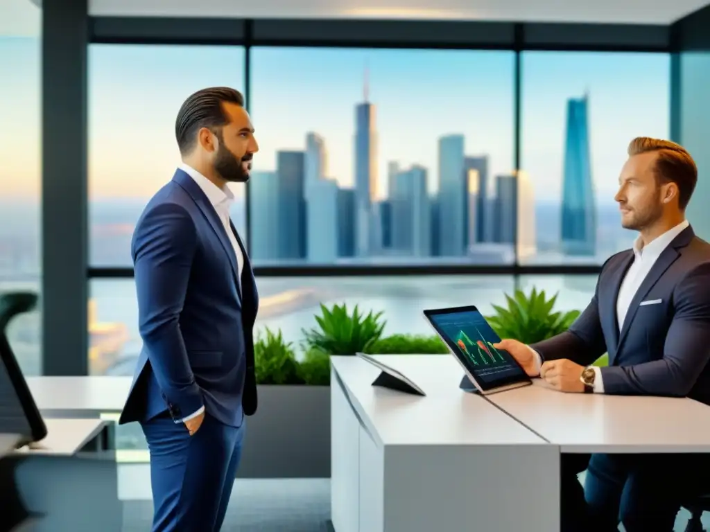 Clase de inversión inmobiliaria: moderna y dinámica Una lujosa aula moderna con mobiliario blanco y pantallas multimedia mostrando gráficos e inversiones inmobiliarias