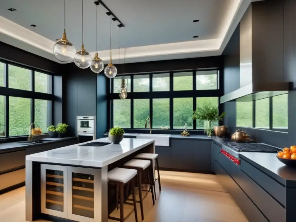 Renovación de cocina de lujo: mármol blanco y diseño elegante en armonía con la naturaleza Renovación lujosa de cocina con mármol blanco, electrodomésticos de acero inoxidable y isla central, inundada de luz natural y vista a jardín verde