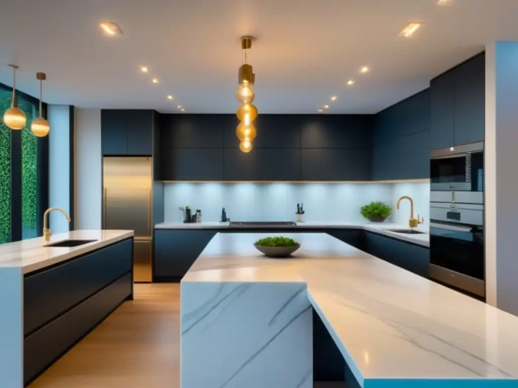 Renovación lujosa de cocina con mármol blanco, electrodomésticos de acero inoxidable y isla chic bajo la calidez de la iluminación empotrada